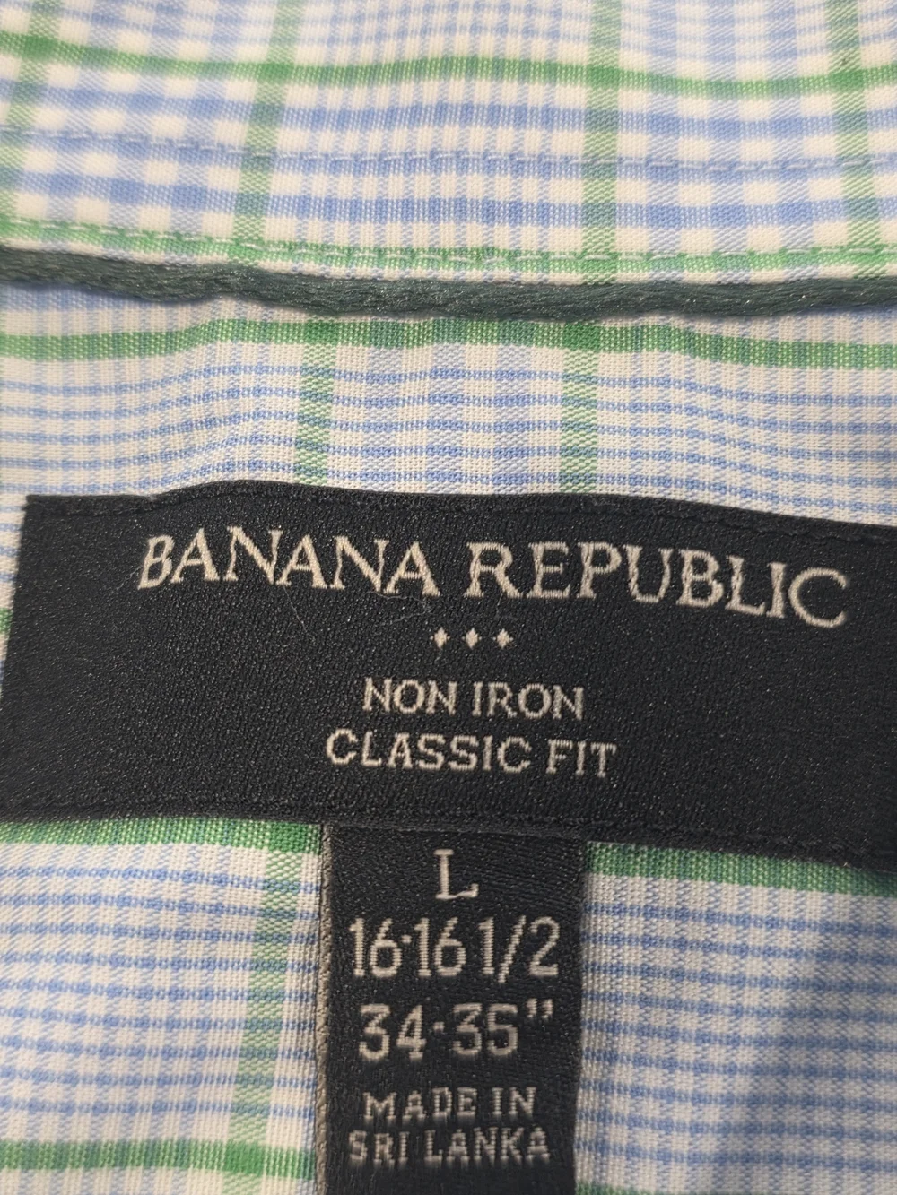 (L) 16-16.5 34/35 Men's Banana Republic Dress Shirt Green Blue Plaid All Cotton
